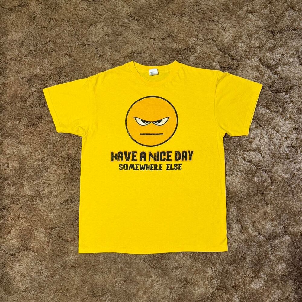 Y2K "Have A Nice Day Somewhere Else" Emoji T-Shirt Yellow Large